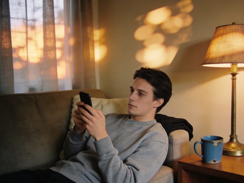 A man in a grey sweatshirt types a message on his phone with both thumbs, leaning back on the sofa.