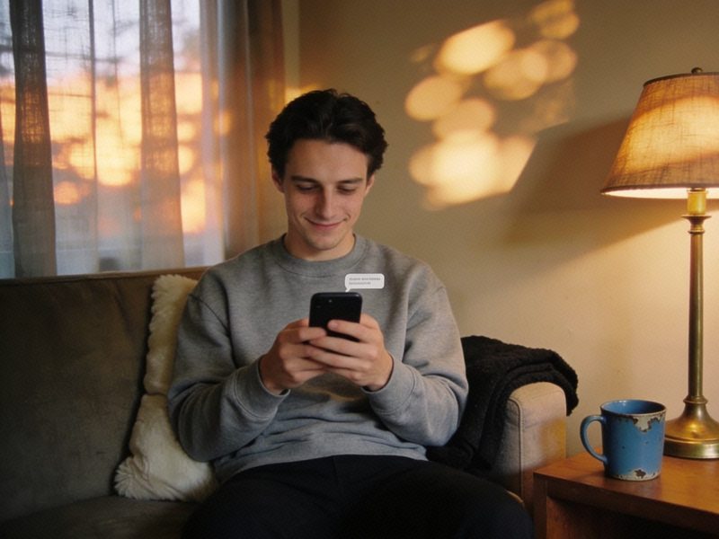 A man in a grey sweatshirt reads a reply on his phone with a small pleased expression.