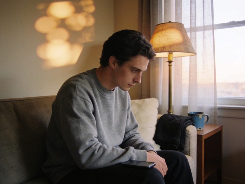 A man in a grey sweatshirt sits with the phone face-down on his knee, looking off towards the window.