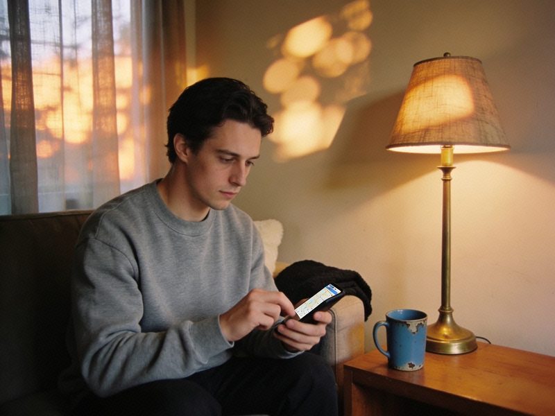 A man in a grey sweatshirt types on his phone with a calendar visible on the screen.
