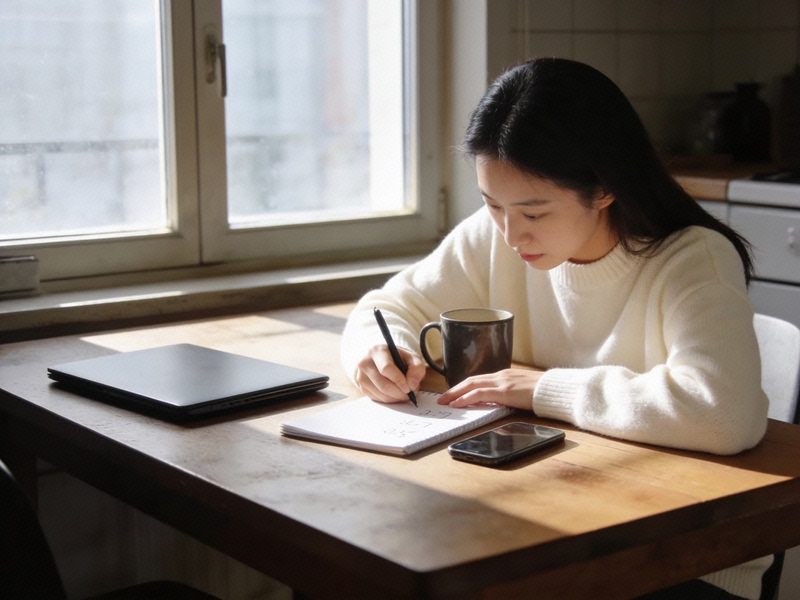A woman in a cream sweater sits at a kitchen table writing dates on a notepad, her phone face-up beside it.