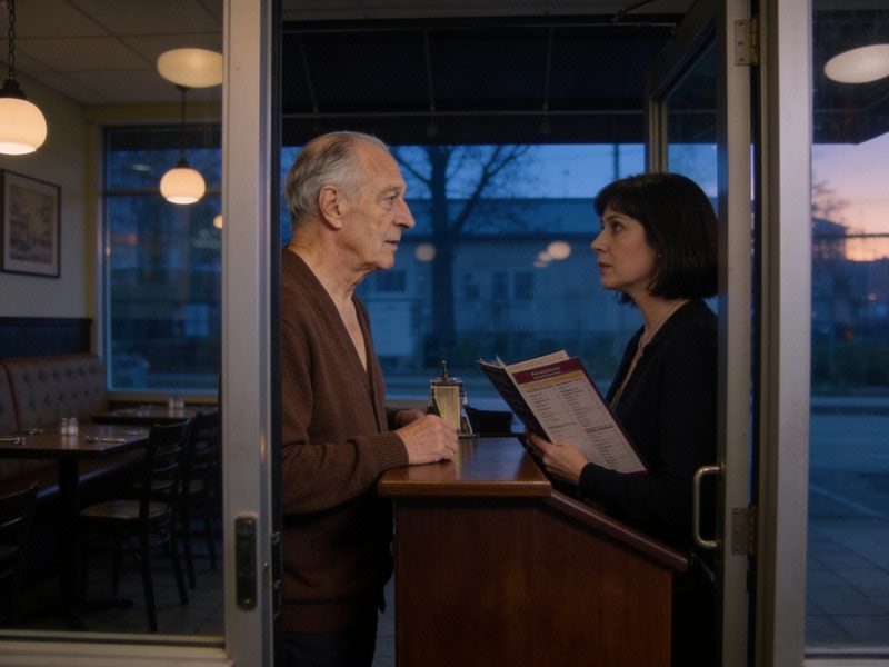 An older man in a brown cardigan speaks to a host holding menus at the stand just inside the restaurant door.