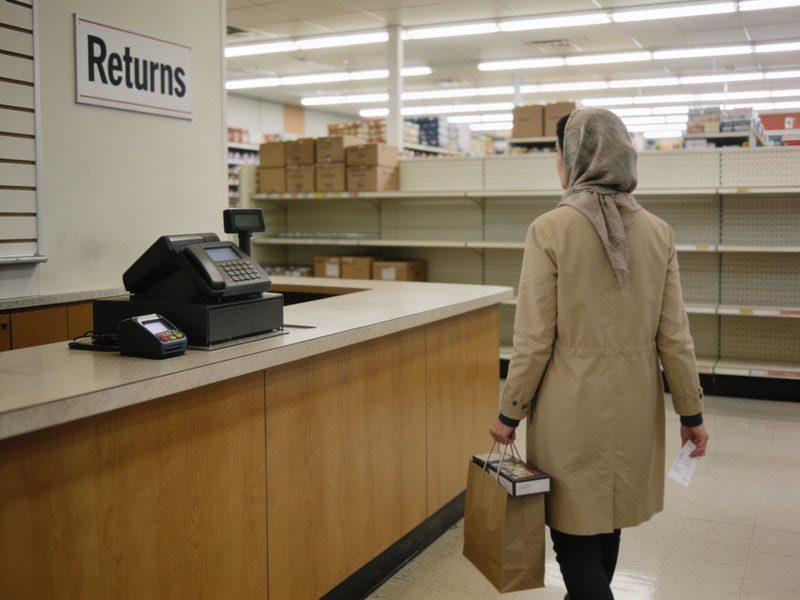 A woman in a beige coat and headscarf walks towards the customer service desk with a boxed item in a shopping bag and a receipt in hand.