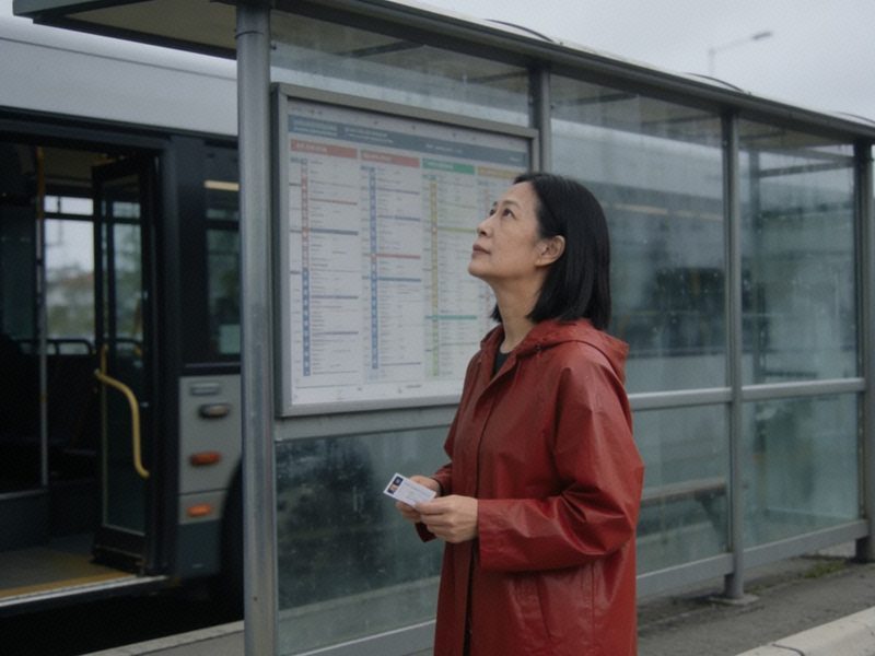 A woman in a red raincoat stands at the bus shelter beside the route timetable, a travel card ready in her hand.