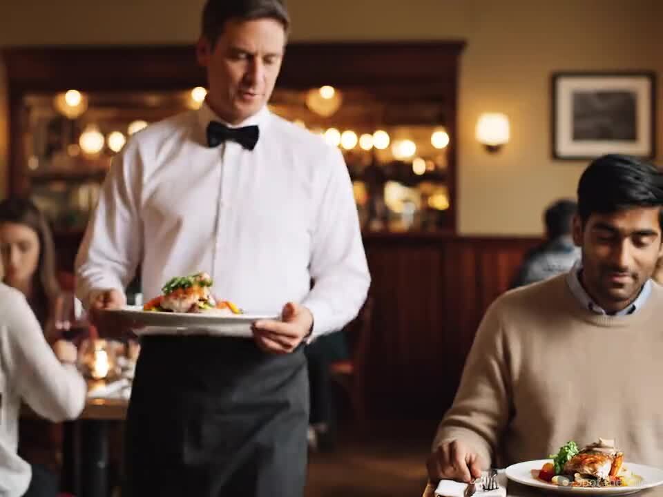 A server bringing a dish to diners at a restaurant.